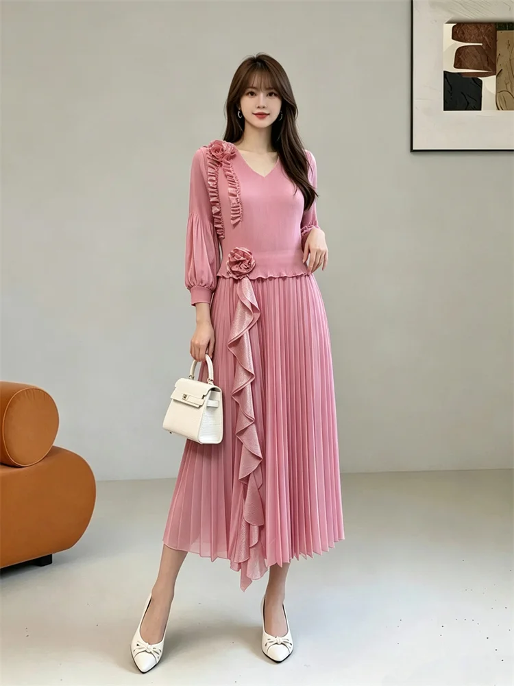Miyake Pleated Women V Neck Pleated Midi Dress 3D Floral Ruffle Long Sleeve Elegant Wedding Guest Party Dress