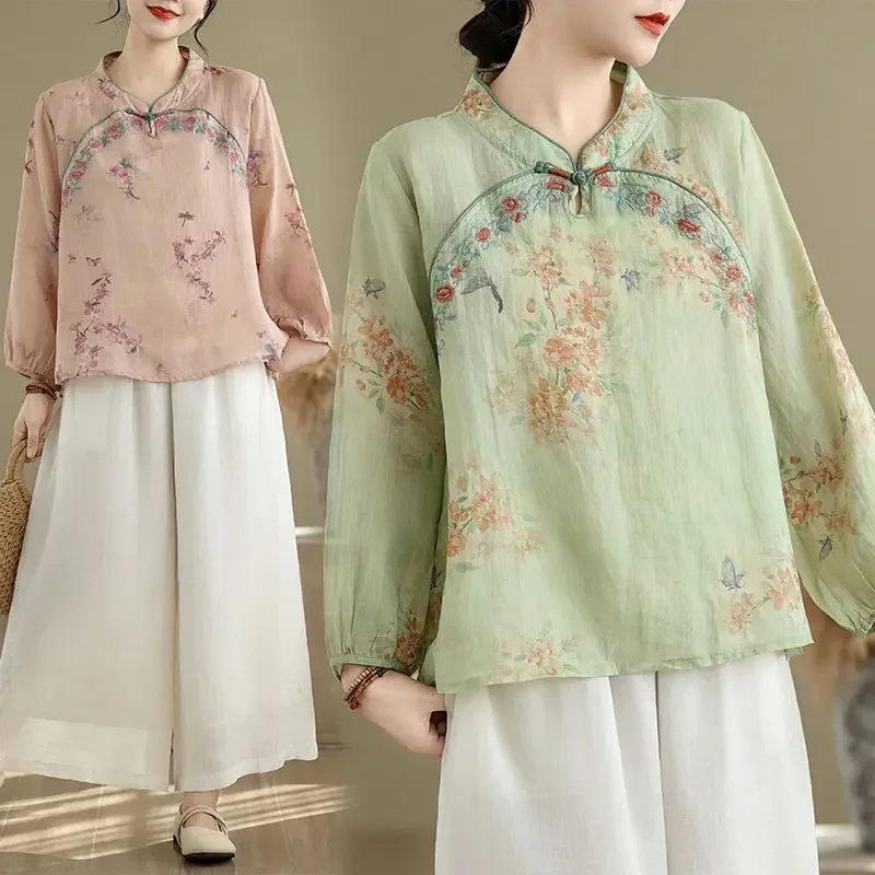 Spring Autumn Temperament Tang Suit Zen Tea Clothes Embroidered Top New Chinese Style Cotton Linen Printed Shirt for Women