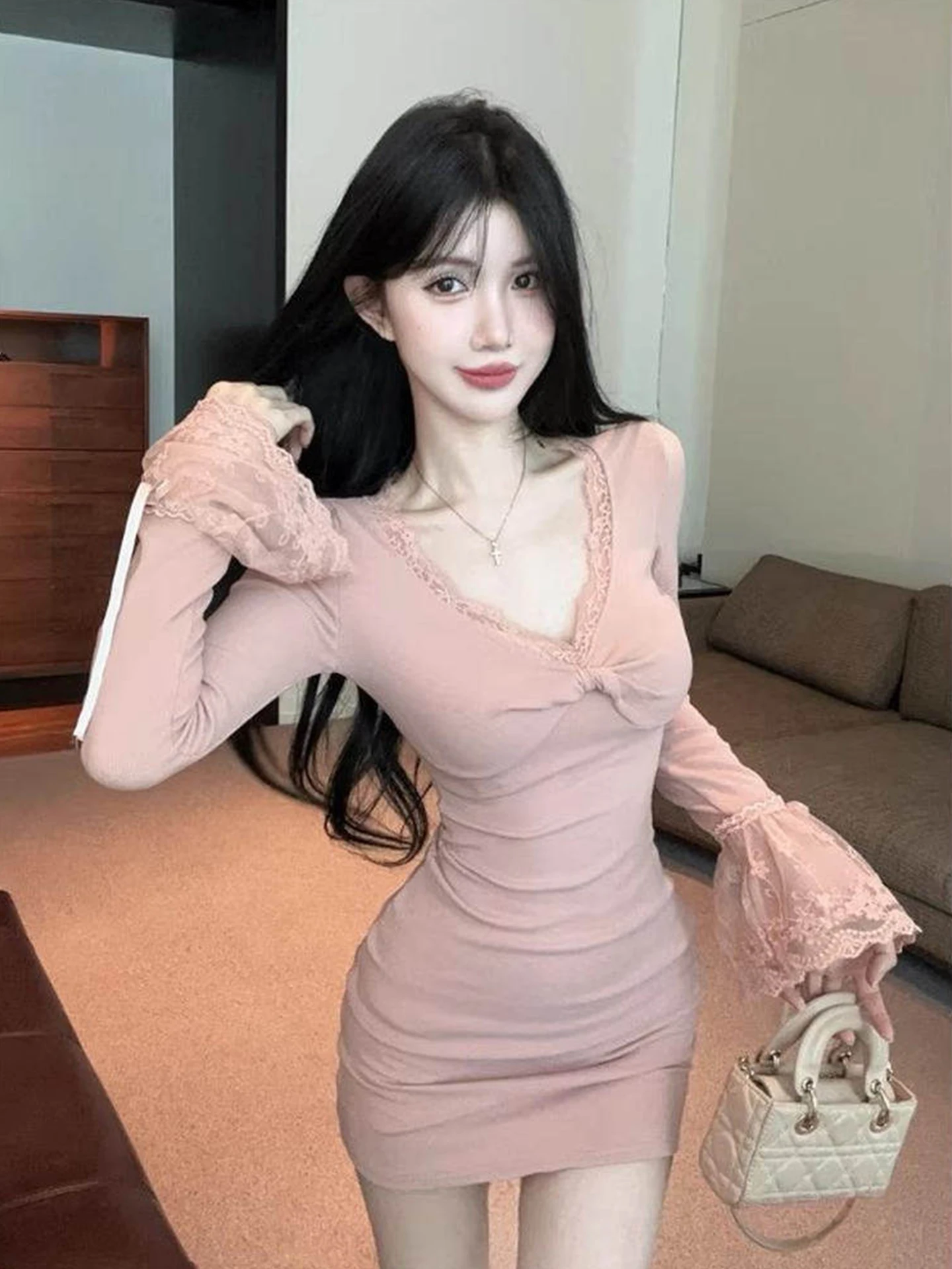 

Spring Autumn Spicy Girl Lace Trim Floing Twist V Ne Dr Women's Design Slimming Bell Sve ort Skirt