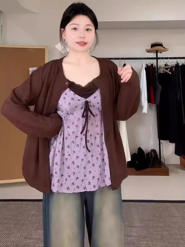 

Женский вязаный кардиган большого размера в нежном стиле с цветочным принтом, комплект из двух предметов с V-образным вырезом и бретельками, весна-лето, новинка, повседневный, для работы и отдыха