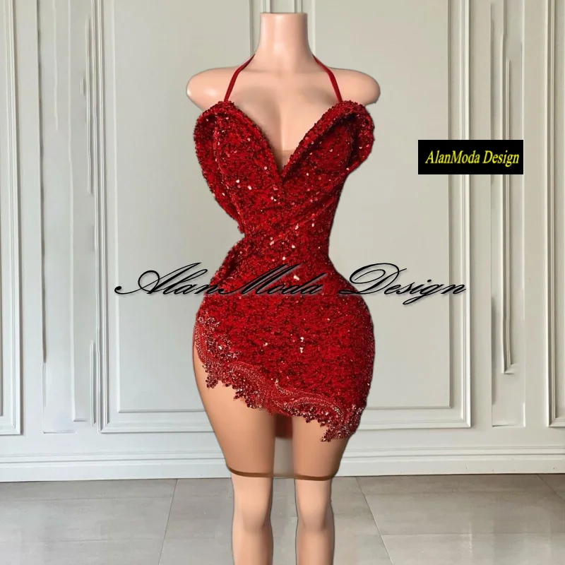 Giltter Red Birthday Dress For Women Halter Short Sequin Prom Gowns Rhinestone Backless Mini Party Dress Luxury Customized