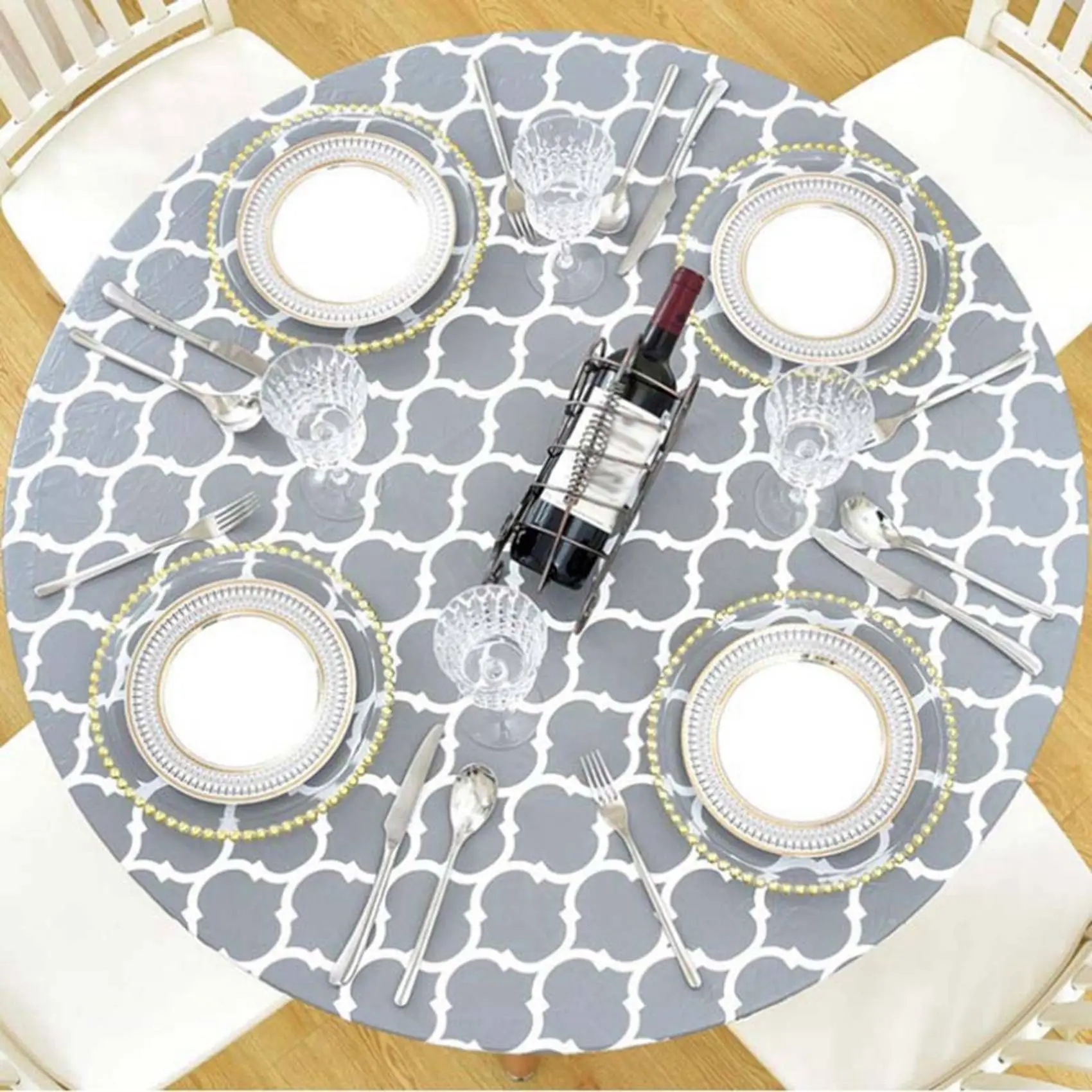 A98E-2X Round Tablecloth With Elastic Edge Waterproof Oil Proof PVC Table Cloth Wipe Clean Table Cover For Indoor And Outdoor
