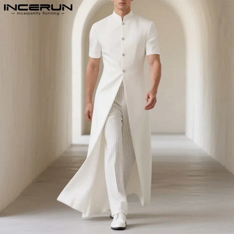 

INCERUN Men Long Style Shirt Solid Color Stand Collar Short Sleeve Male Cardigan Tops Streetwear 2025 Fashion Men Clothing S-5XL