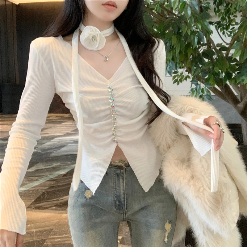 Matakawa V Neck Women Sweaters Solid Flare Sleeve Autumn Winter Short Pullovers Korean Fashion Halter Sexy Retro Pull Femme