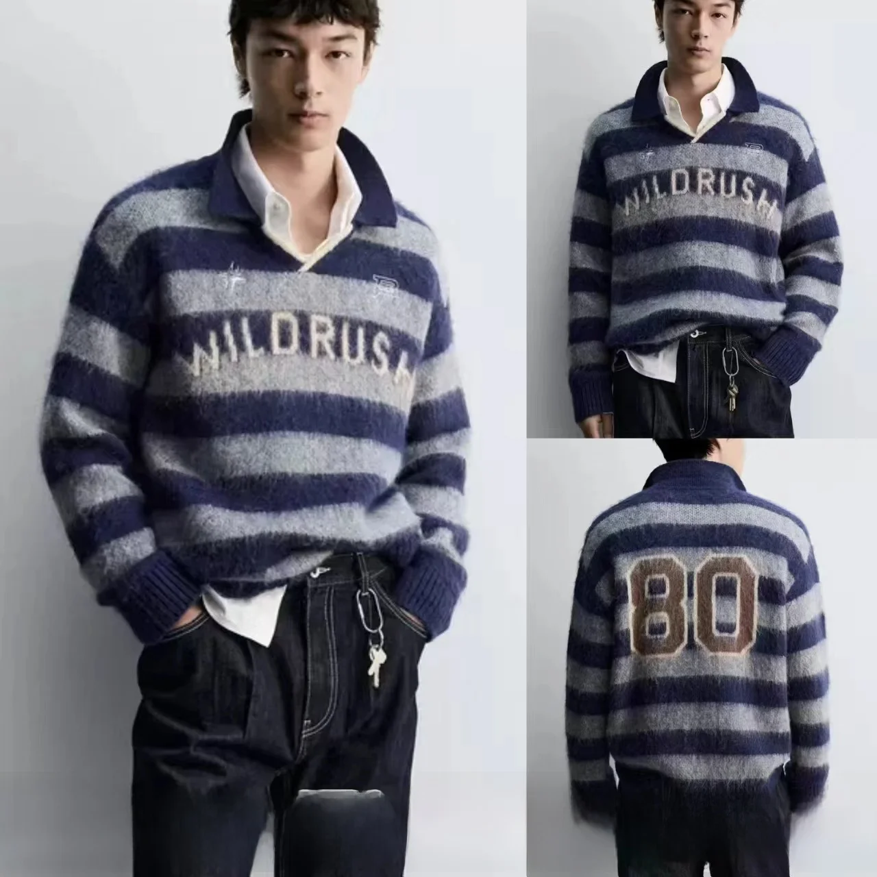 

New Winter Men's Loose Long Sleeve Knitted Shirt Color Fading Design Casual Comfortable Breathable Cotton Blend Sweater