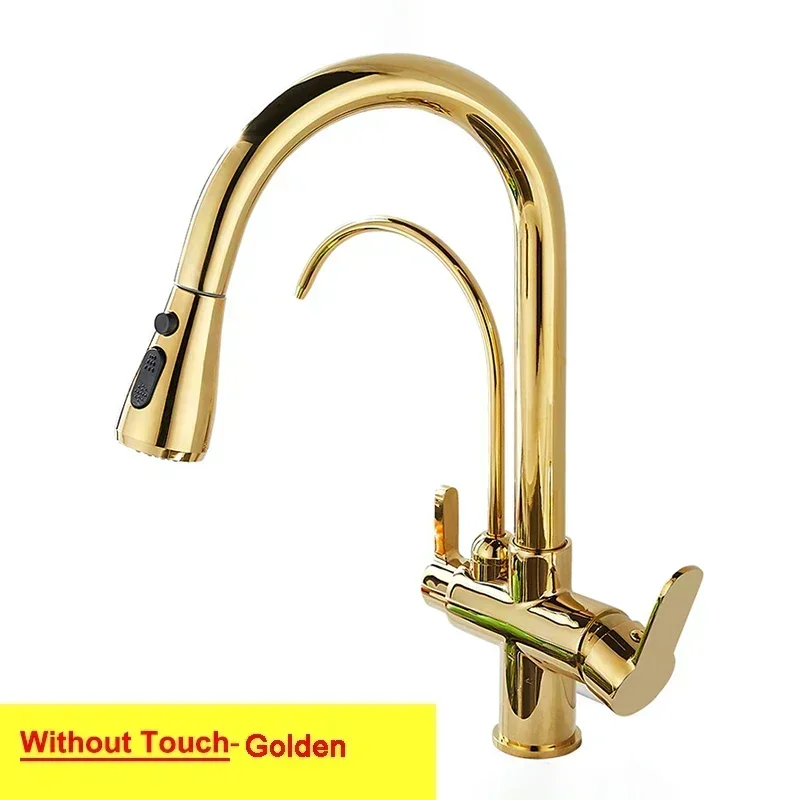 Gold Touch Filter Kitchen Faucets 3 Ways Hot Cold Pull Out Kitchen Mixer Tap Solid Brass Golden Sensor Touch Kitchen Faucet