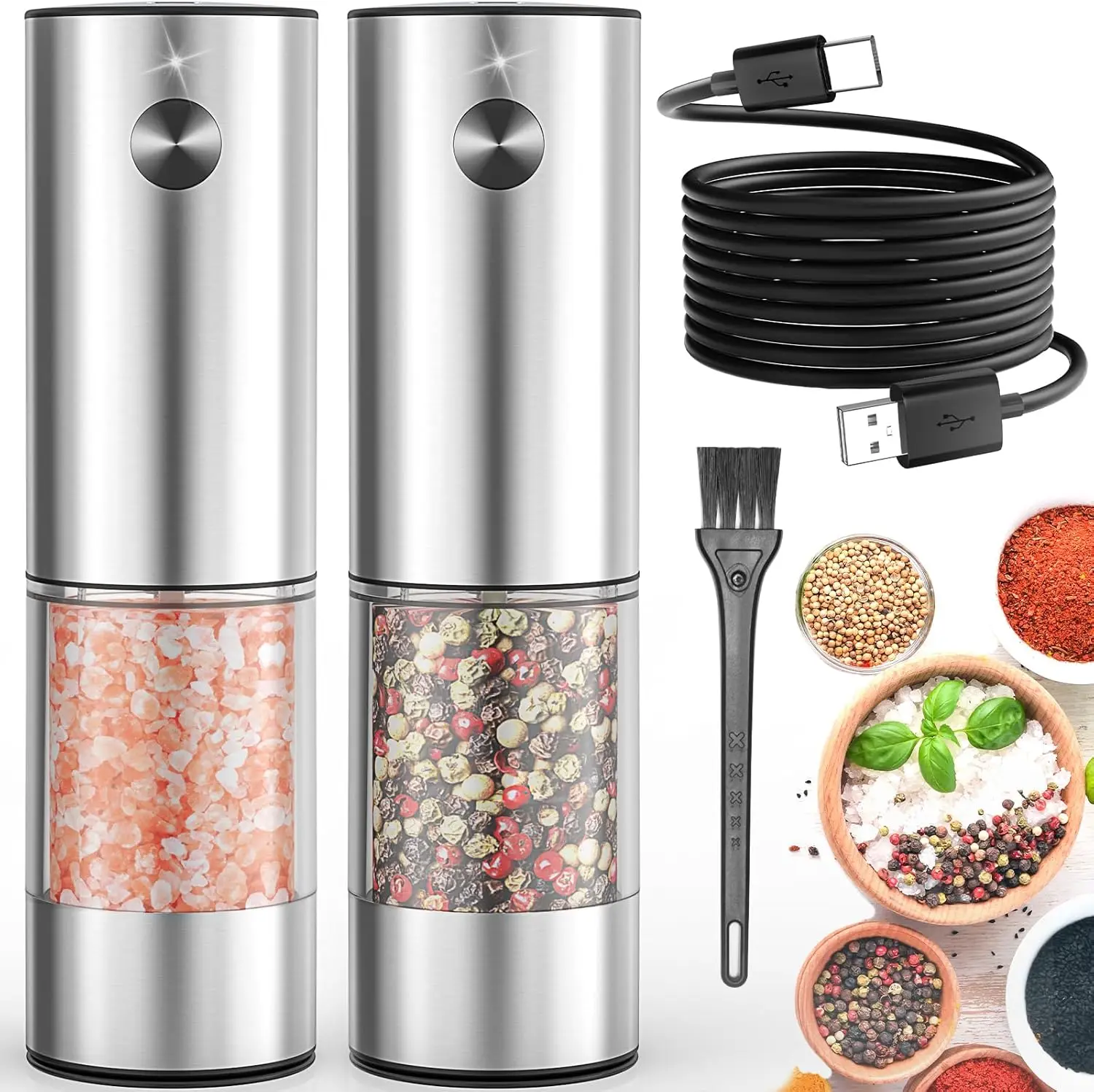 

2Pack Electric Salt and Pepper Grinder Set USB Rechargeable with Warm LED Light, Adjustable Coarseness Large Capacity