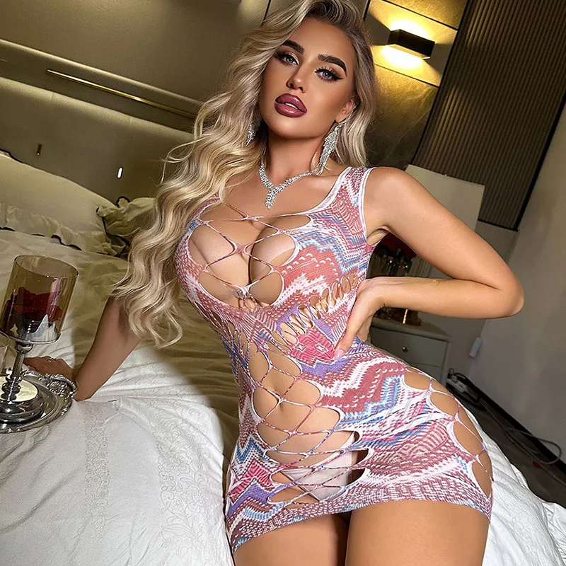 Hot Sexy Colorful Fishnet Dress Women Sexy Lingerie Hollow Out Bodycon Lace Underwear Trendy Gradient Color Bodysuit Sexy Set
