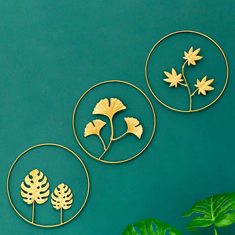 SEWS-3Pcs Metal Wall Sculptures Round Leaves Wall Figurine Nature Ginkgo Biloba Art Hanging Ornament For Home Hotel Decor