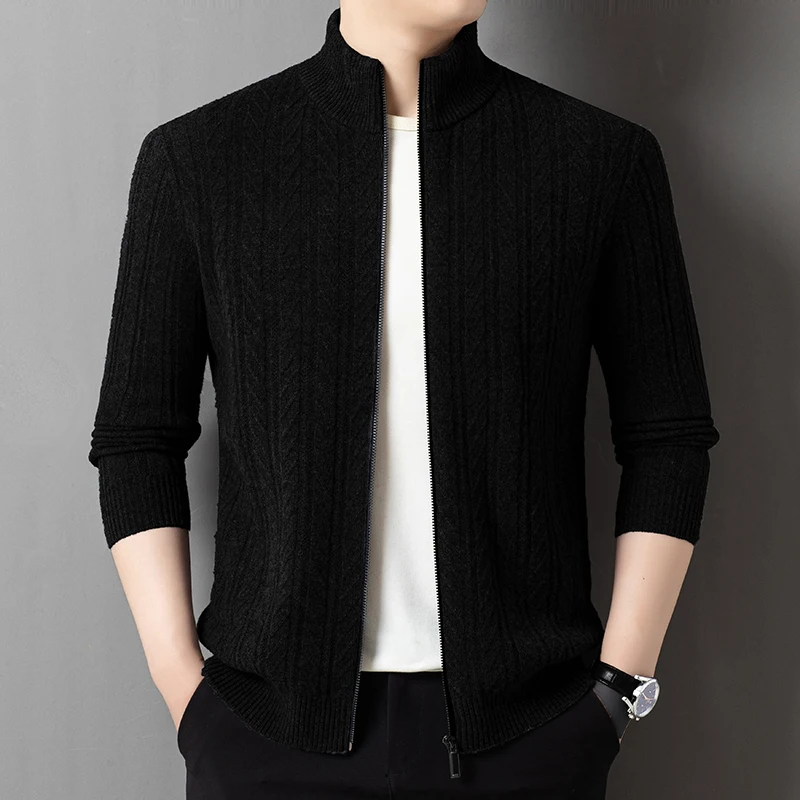 100% แกะขนสัตว์เสื้อสเวตเตอร์ถัก 2025 ผู้ชายฤดูหนาวอินเทรนด์หนาซิปเสื้อแฟชั่นผ้าขนสัตว์ชนิดหนึ่งเสื้อถักอบอุ่นแขนยาว