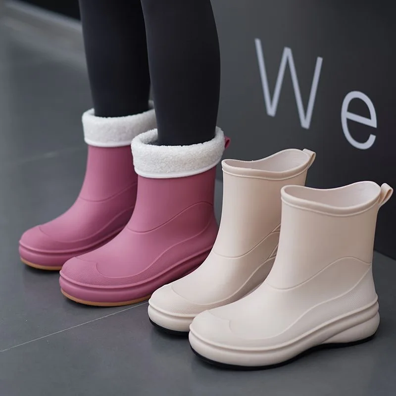 2024 New Korean Style Rubber Boots Women Rain Boots Waterproof Non-slip Mid-tube Boots Plus Velvet for Warmth Rain Boots