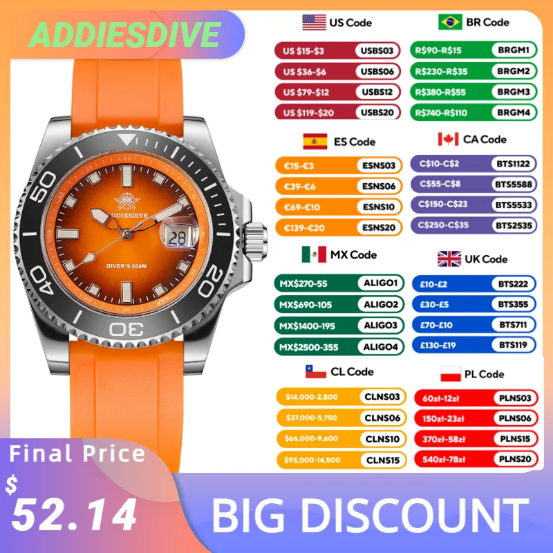 ADDIESDIVE Top Marke NEUE Taucheruhr Für Männer Wasserdichte Leuchtende Quarz-armbanduhr Grün/Rot/Orange Zifferblatt Edelstahl Uhren