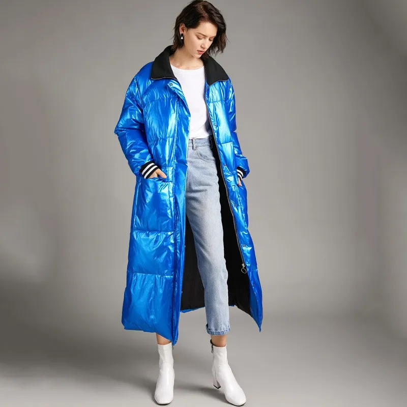 Puffer Jackets for Women, Long Coats, Thick Windproof, Warm Outerwear, Lapel, Glossy, Trendy High Street, Winter, New