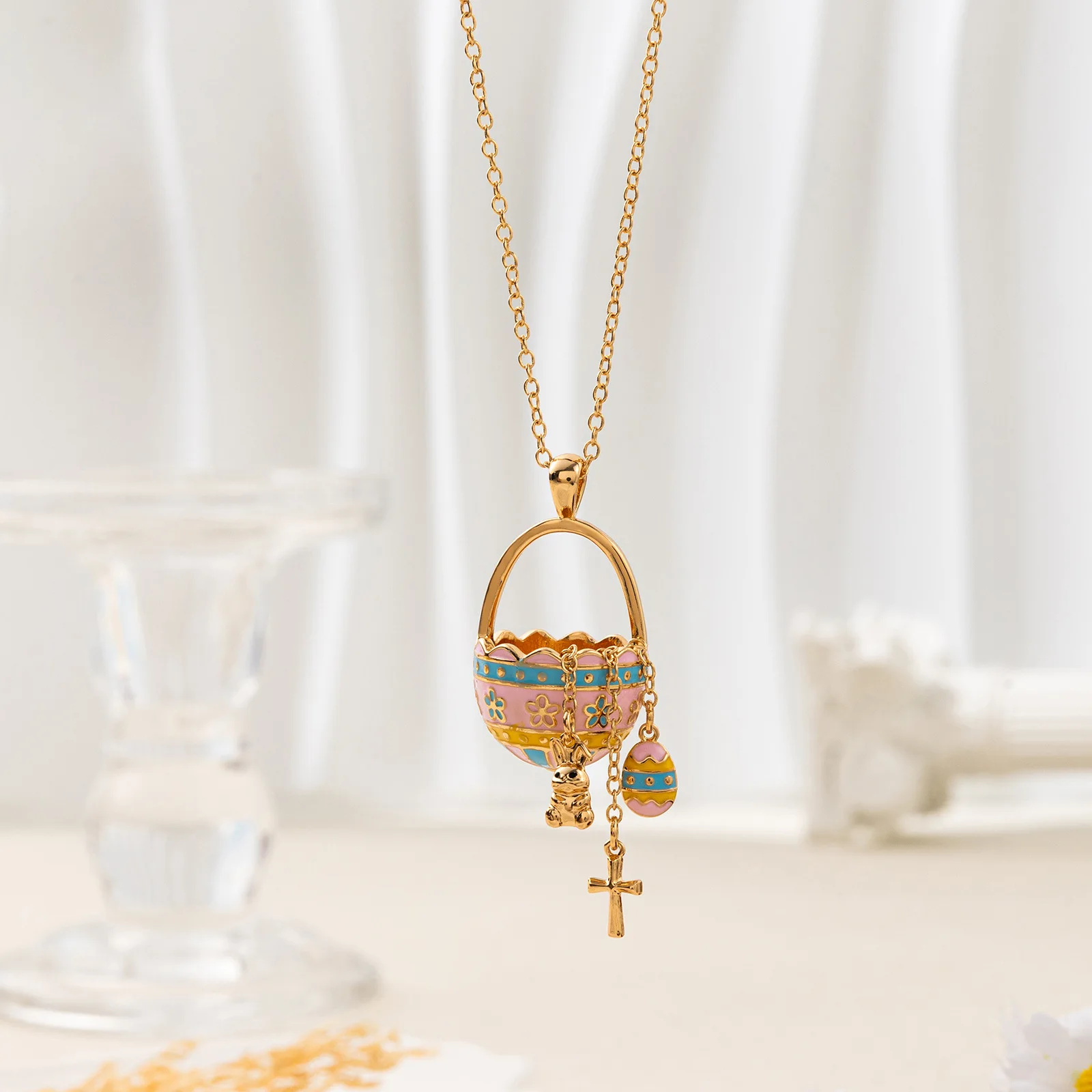 Easter Painted Basket Cross Egg Bear Pendant Necklace Minimalist Luxury Elegant Necklaces For Women Fashion Daily Wear Jewelry G
