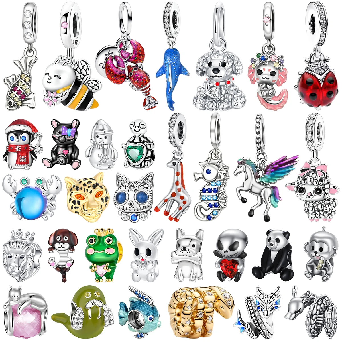 

925 Silver Cute Animal Charms Bee Fish Crab Dog Penguin Turtle Giraffe Unicorn Cat Rabbit Panda Frog Fit Bracelet Jewelry Gift