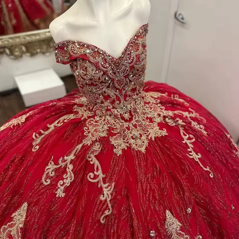 Charro vermelho quinceanera vestidos de baile querida frisado apliques brilhante mexicano doce 16 vestidos 15 anos personalizado