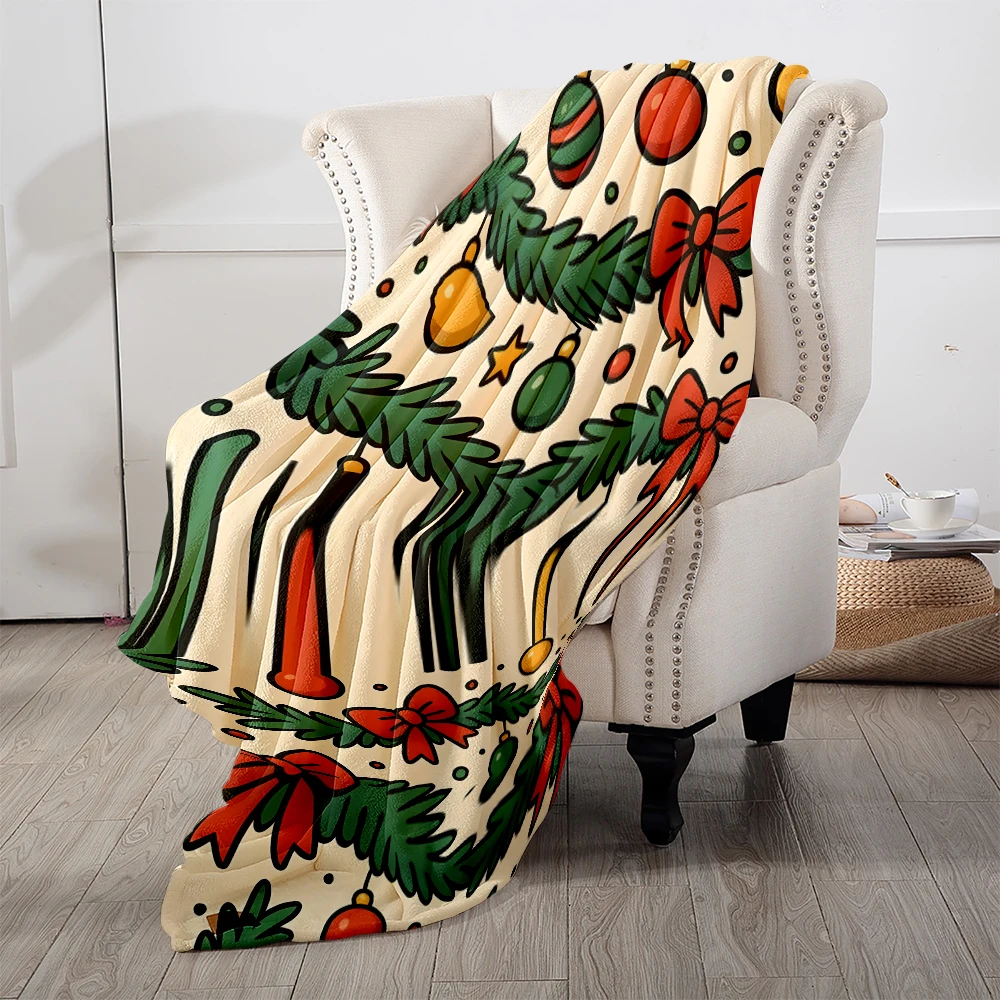 Xmas Garland Bows Flannel Blanket Cartoon Printed Throw Blanket for Kids Adults Soft Plush Bed Sofa Cover Gift