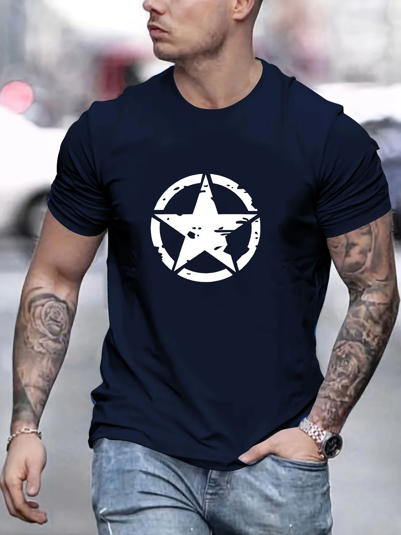 Male Round Ring Five-Star Pattern Spring-Autumn Casual Round-neck Short Sleeve T-Shirt for Men - Cool and Breathable T-Shirt