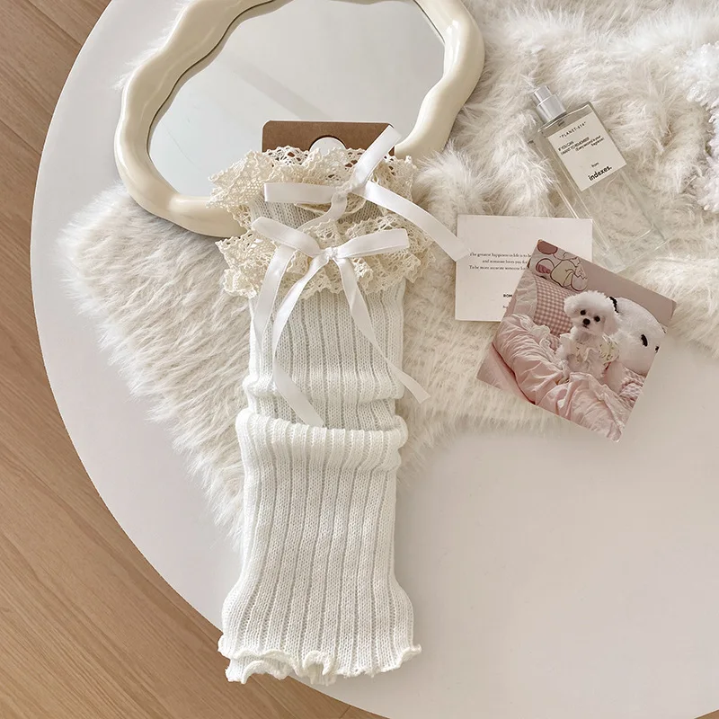 1 pair Y2K Lace Ribbon Leg Warmers Women Autumn Winter Ballet Style Lolita Knee Warmers JK Knitted Long  Stockings view 5