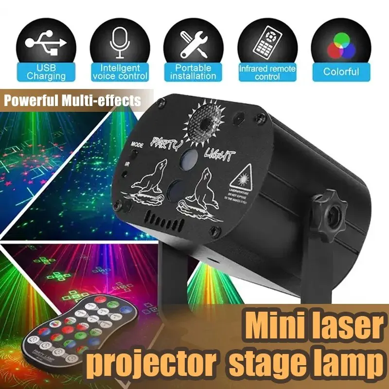 Миниатюрный лазерный проектор RGB, светодиодная лампа для дискотеки, сценический эффект, USB-зарядка, УФ-звук, стробоскоп для свадьбы, Рождества, праздника, вечеринки