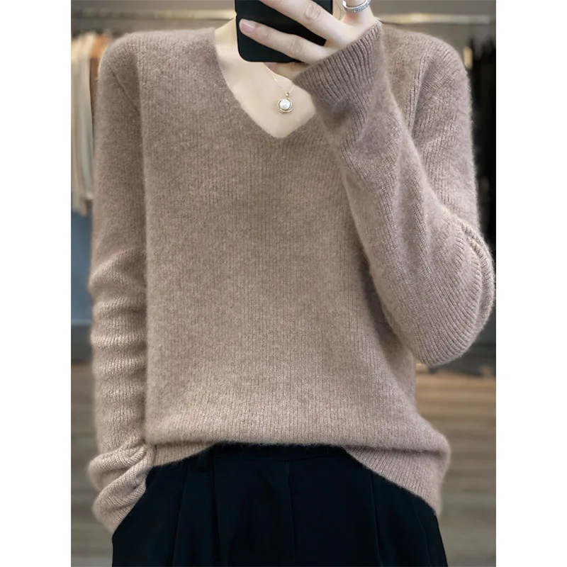 2022 Autumn Winter V-Neck  Sweaters 100% Australia Wool Women Knitting Jumpers Female Pullovers Fashion Soft Clothes