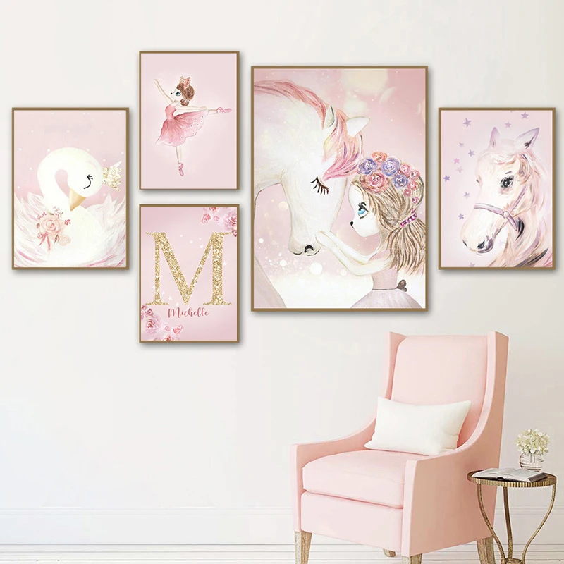 Pink Kawaii Room Decor Swan Nursery Wall Art Canvas Painting Name Personalized Letter Wall Posters and Prints Bedroom Wall Decor