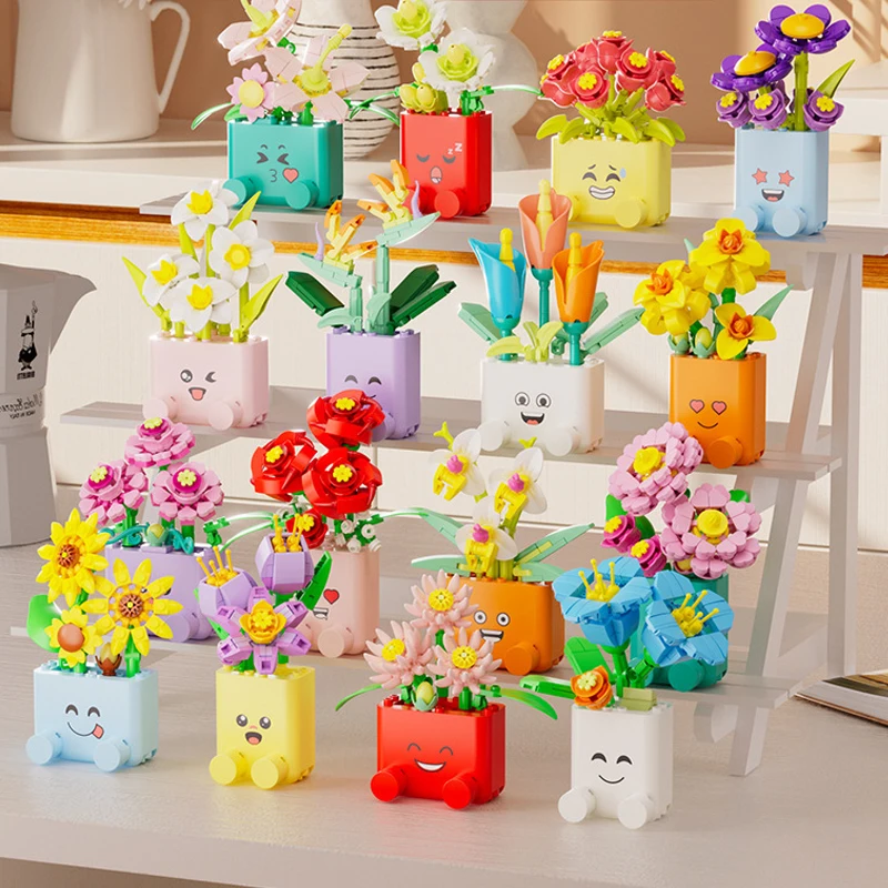 Creative Potted Plants Bricks Model Cheerful Flower Botanical Building Blocks Good Mood Assemble Toys Gifts Ornament Decoration image 2