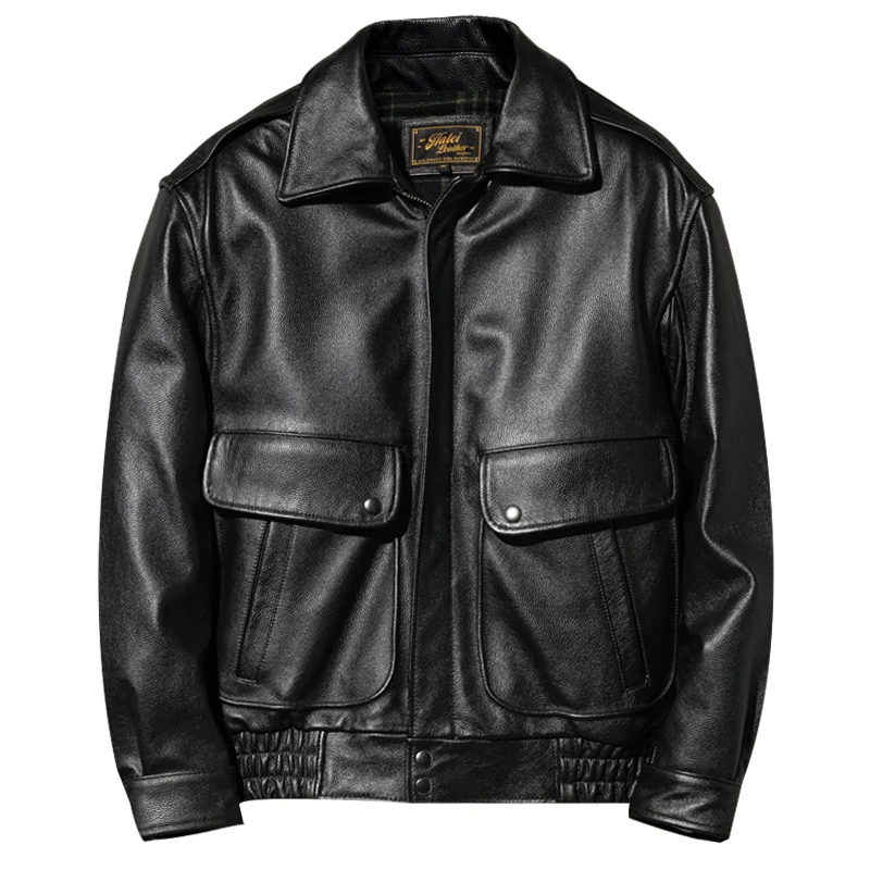 Men's Genuine Cowhide Leather Jacket Black Pebbled A-1 Deck Jacket Big Flap Pockets Epaulettes Snap Front Wide Fit Coat