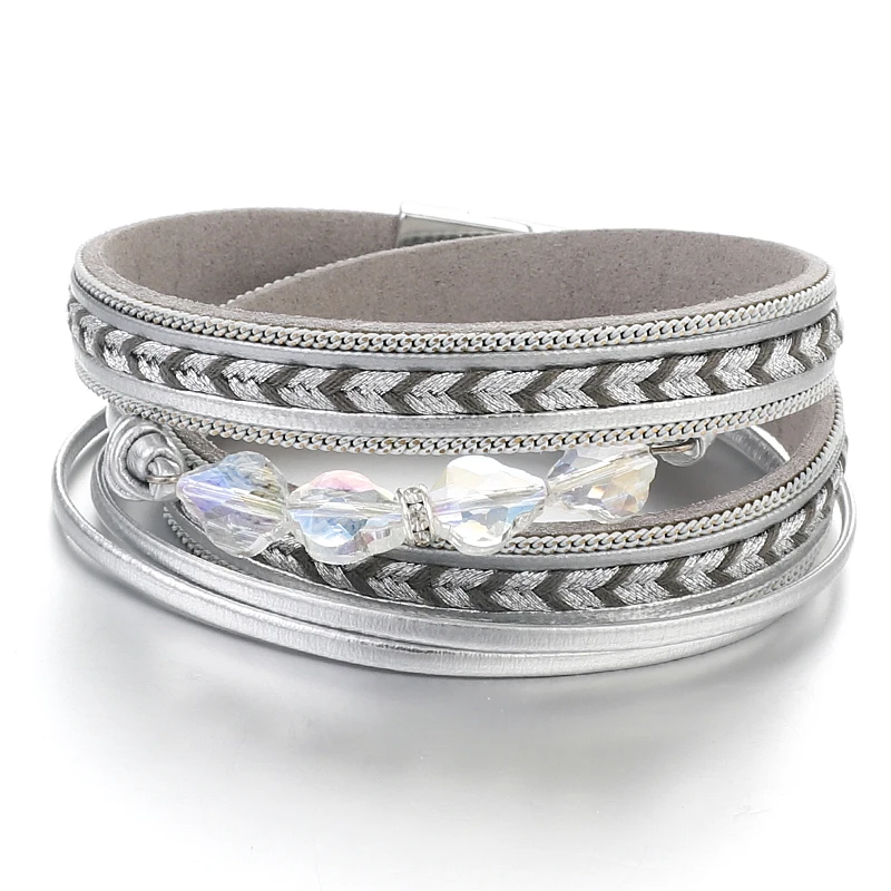 ALLYES Irregular Crystal Beads Arrow Leather Bracelet for Women Bohemian Long Multilayer Wrap Bracelets Vintage Jewelry