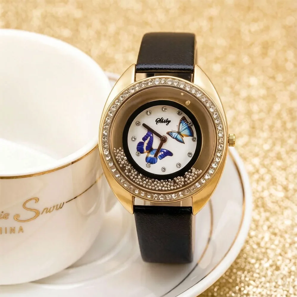 Shsby Gold Leather Quartz Wristwatch for Women Fashion Rhinestone Rolling Beads Flower Butterfly Design Female Dress Watch