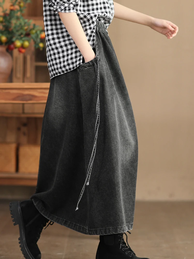 Women Denim Skirt Y2k Clothes Elastic Waist Long Skirt Harajuku Fashion Vintage Solid A-line Loose Jean Skirt Woman