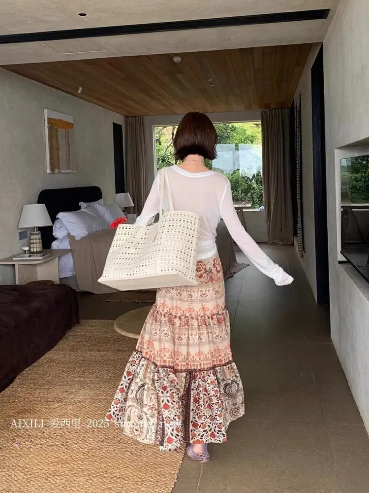 Korejpaa boêmio midi saia feminina outono nova cintura alta emagrecimento saias elásticas suave estilo de férias elegante faldas largas