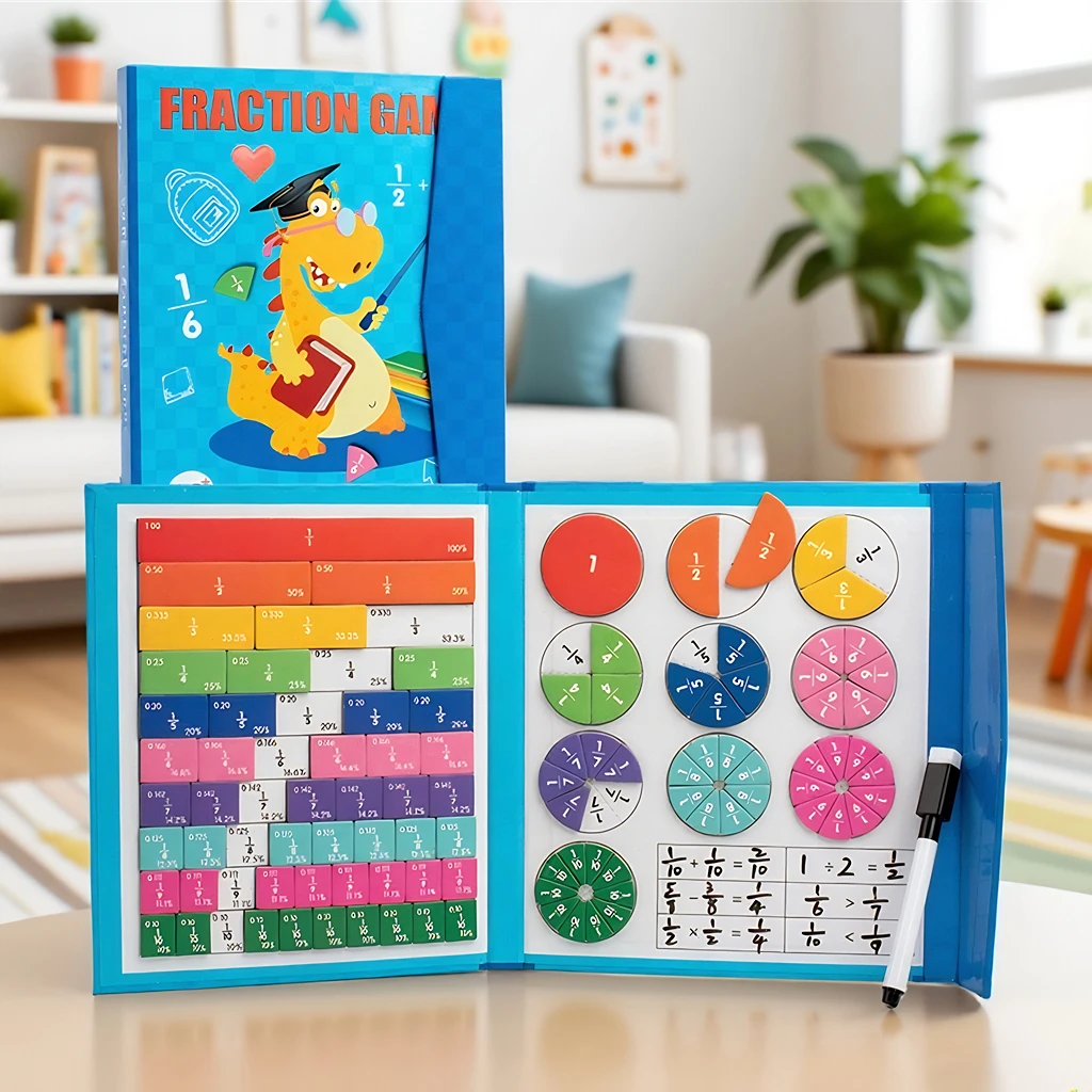 أقراص الكسور المغناطيسية الرياضية، أداة تعليمية لمقارنة حجم الكسور، غطاء موضوع كرتوني على شكل ديناصور