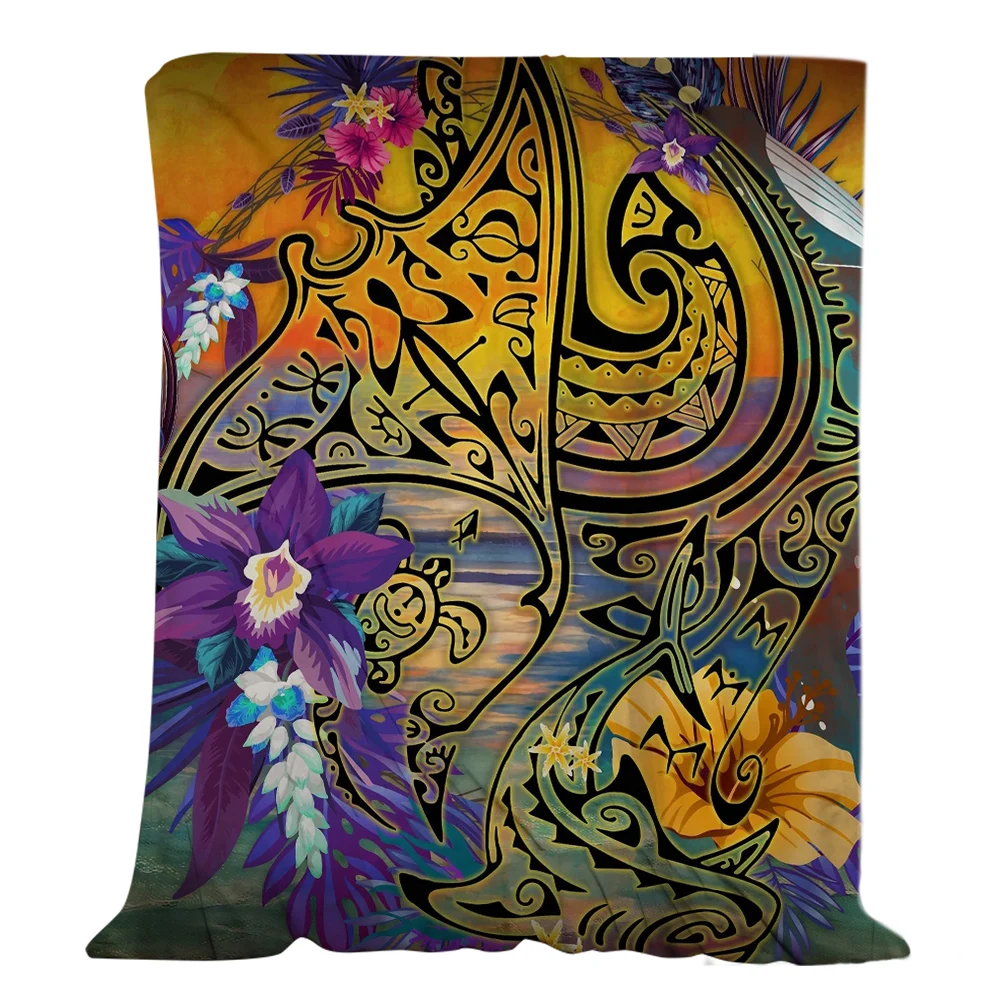 HX Polynesia Flannel Blankets Floral Devil Rays Shark Tattoo Pattern Blanket Throw Summer Keep Warm Air Conditioner Quilt