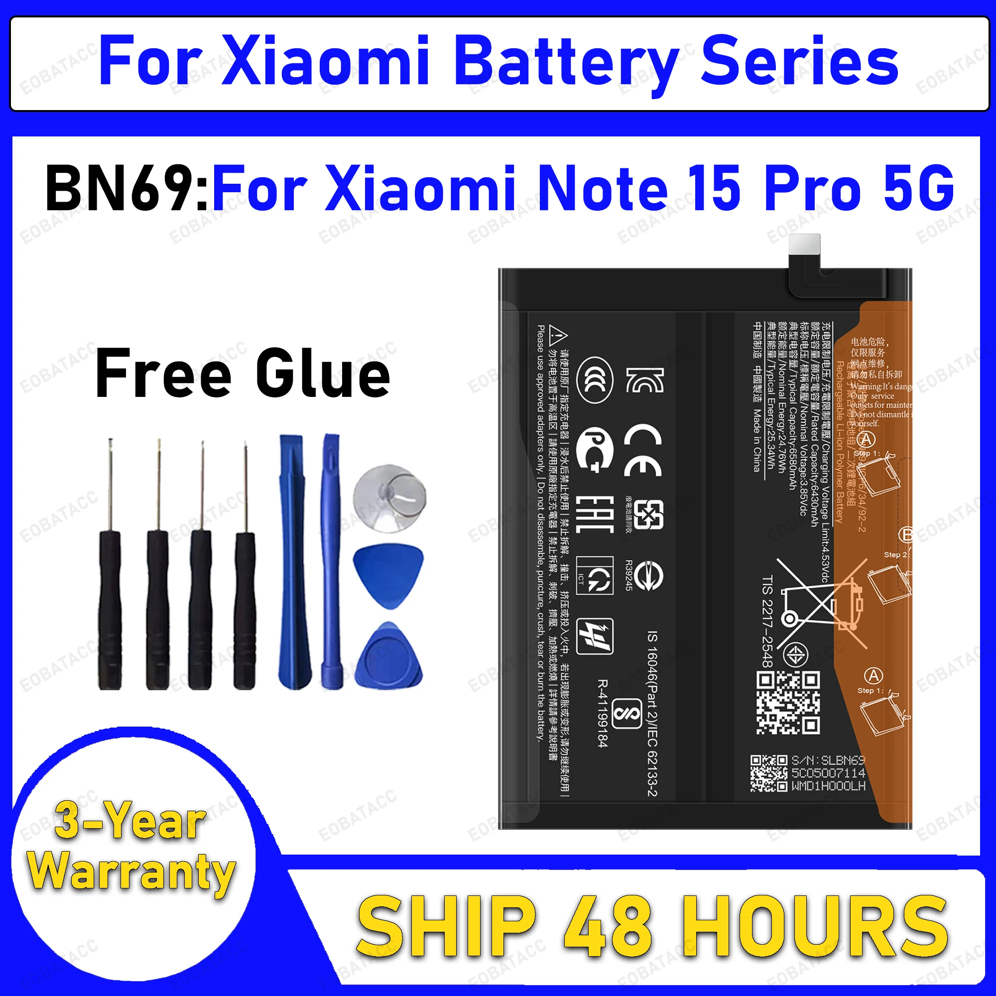 6580mAh BN69 Replacement Battery for Xiaomi Note 15 Pro 5G battery Repair Tools Kit