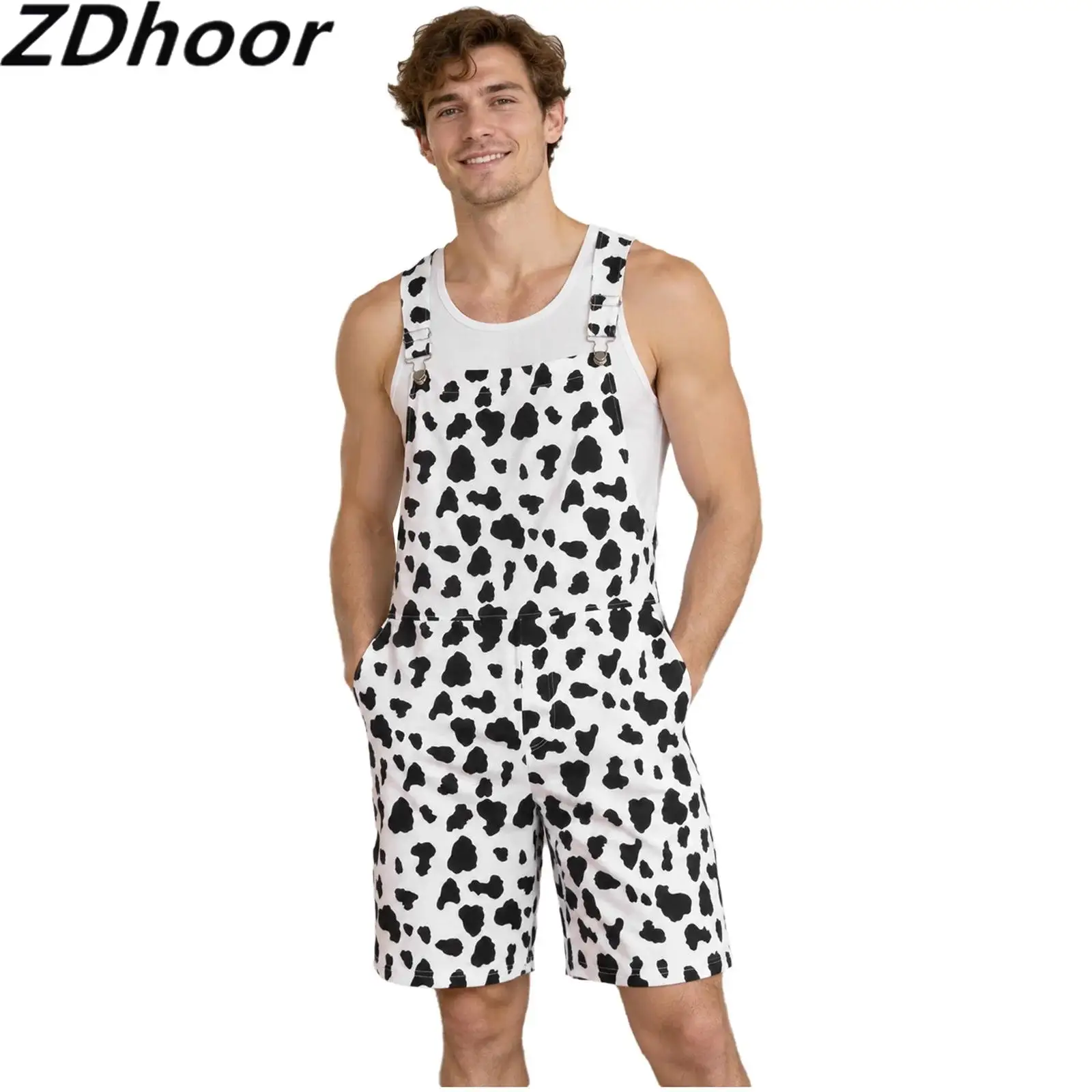 Men Cow Print Bib Overalls Adjustable Shoulder Straps Rompers Thigh Length Jumpsuit with Pockets for Casual Holiday Outings