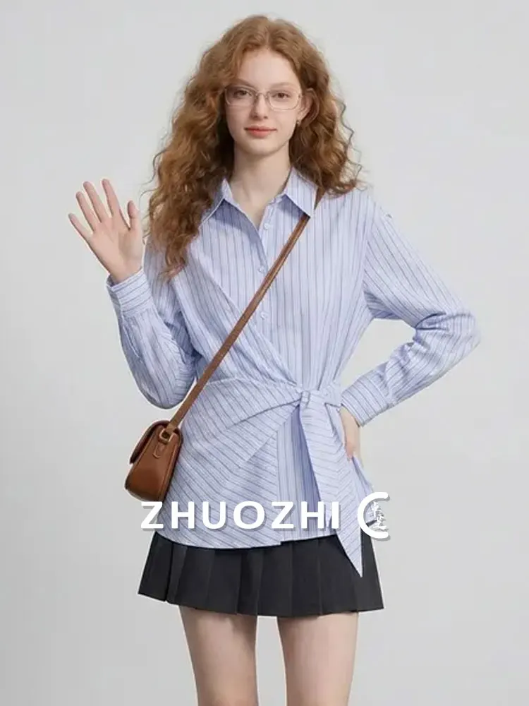 

Elegant Striped Blue Shirt Asymmetric Tie Waist Design French Style Long Sleeve Women's Casual Breathable Skin-friendly Sprin...