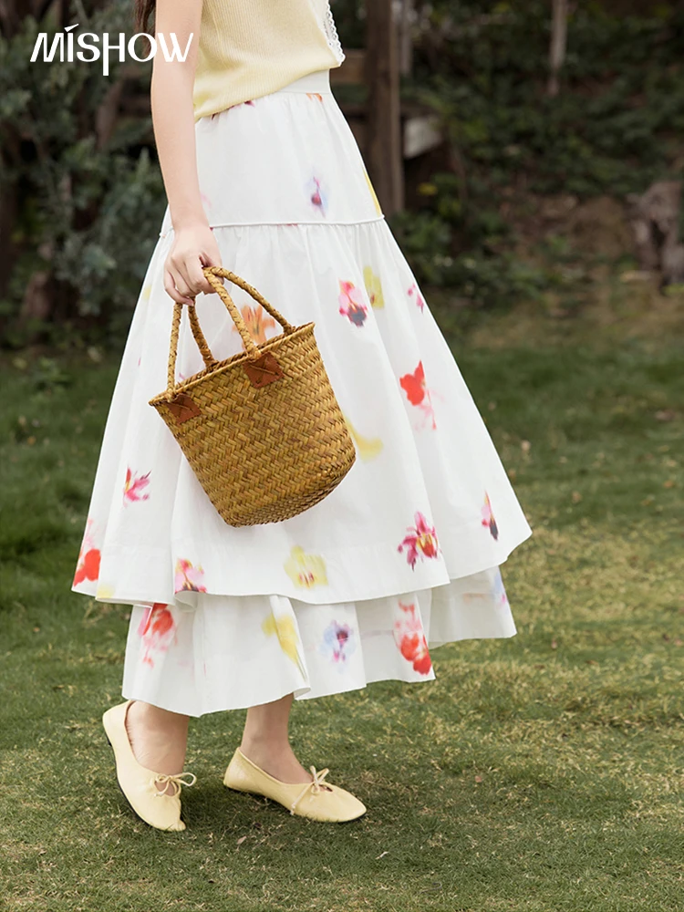 MISHOW Korean Summer Skirt Women New 2025 White Background Flower Cotton High Waist Skirts Female Fashion Slimming MXE32B0720