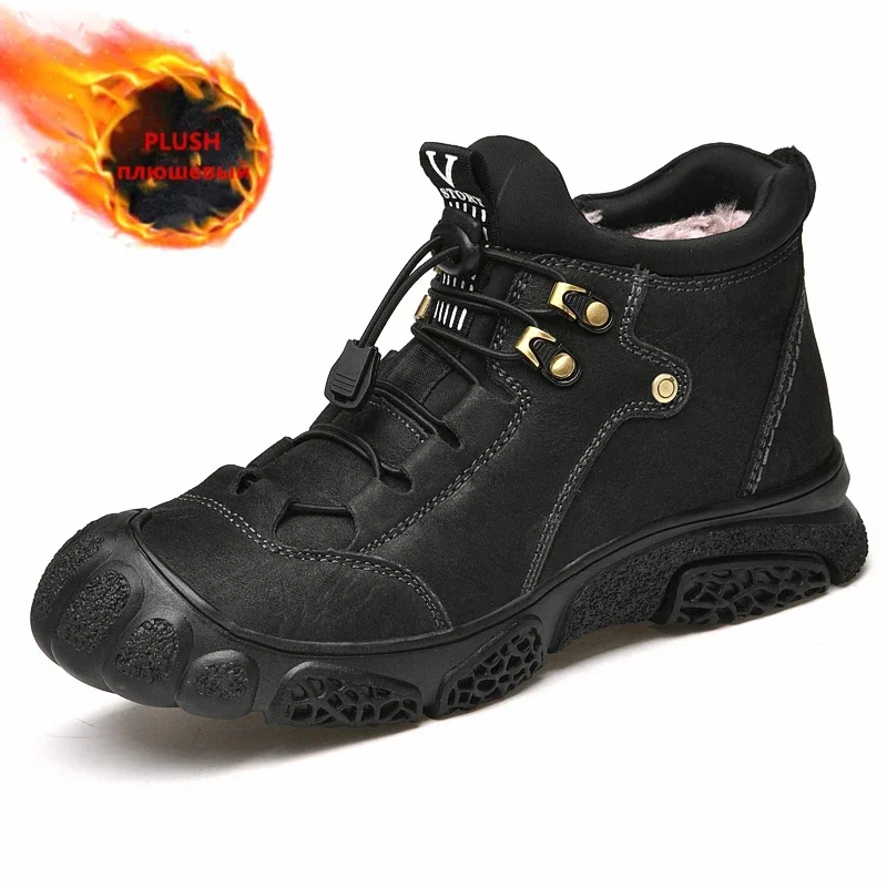 Genuine Leather Winter Boots Men Waterproof Plush Warm Snow Ankle Boots Outdoor Non-slip Hiking Men's Shoes Four Seasons