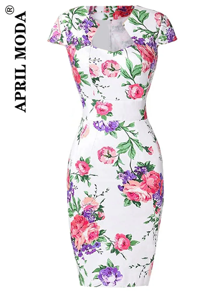 50s 60s Womens Summer Retro Vintage Dresses Wrap Floral Print Wear to Work Business Office Party Sheath Bodycon Pencil Dress