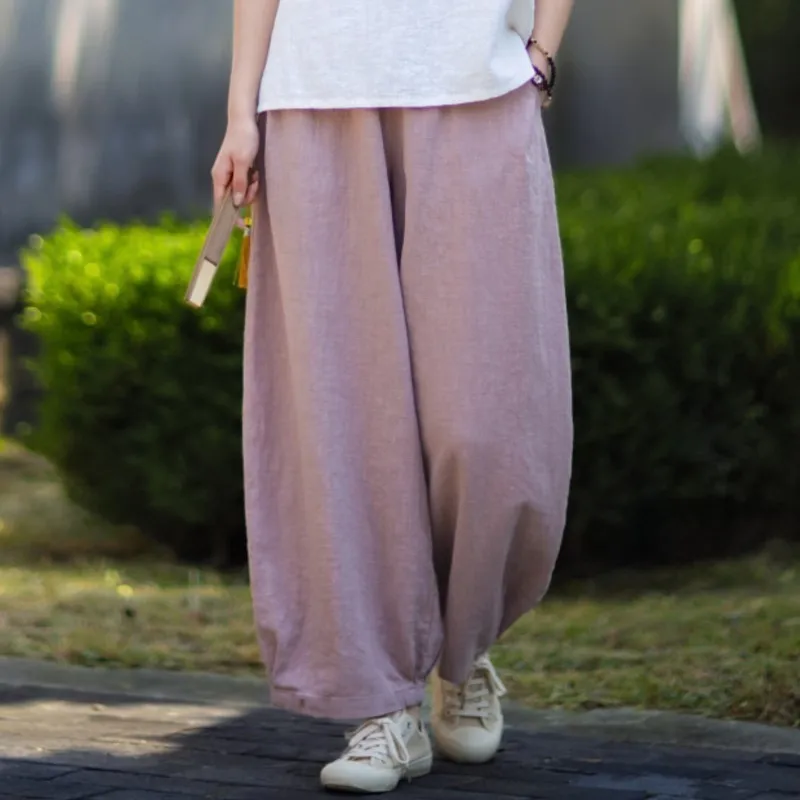 Johnature Women Vintage Ramie Cotton Bloomers Pants 2026 Summer New Chinese Style Solid Color Trousers Pockets Soft Pants