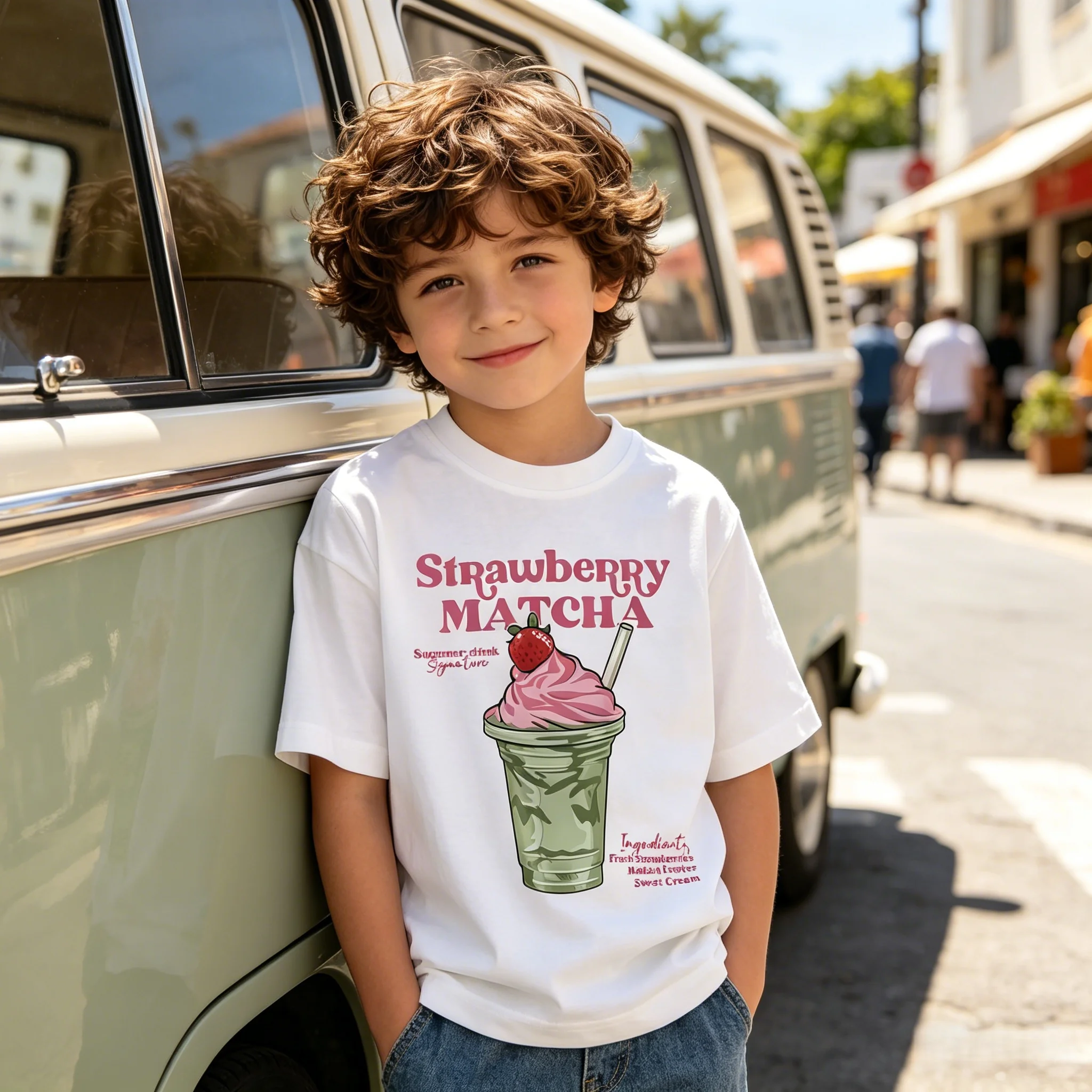 Strawberry Matcha Round Neck Loose Cotton T-Shirt Short Sleeve Machine Washable for Play Sports Outdoor Daily Wear All Season
