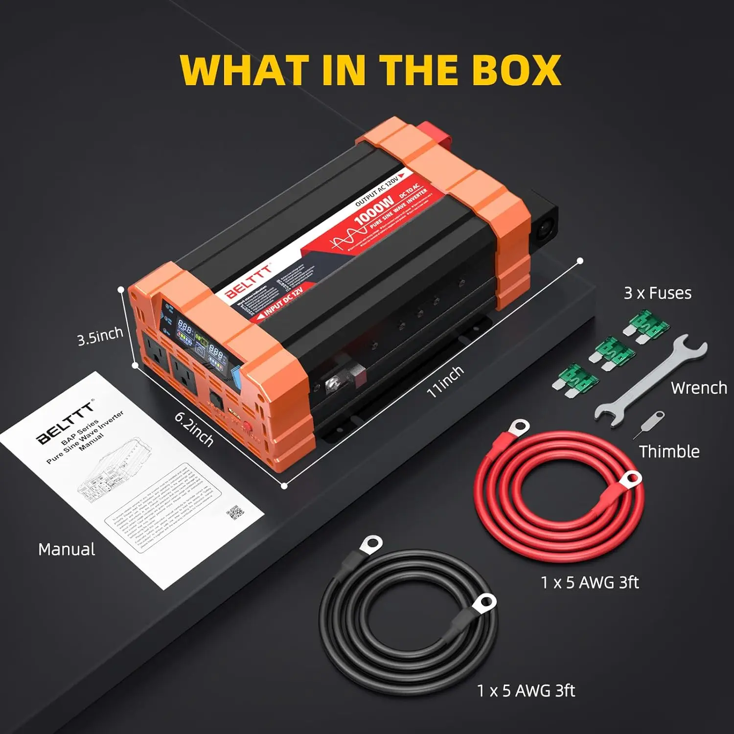 Inversor de onda sinusoidal pura de 1000 vatios, 12V CC a 120V CA para RV, camión, inversor de energía Solar fuera de la red para coche, convertidor de 12V a 110V