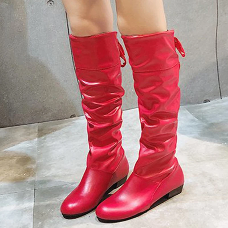 2024Shoes For Women  Knee High Boots Red Black White Tall Boots Woman Pleated Low Heel Casual Leather Female Long Shoes