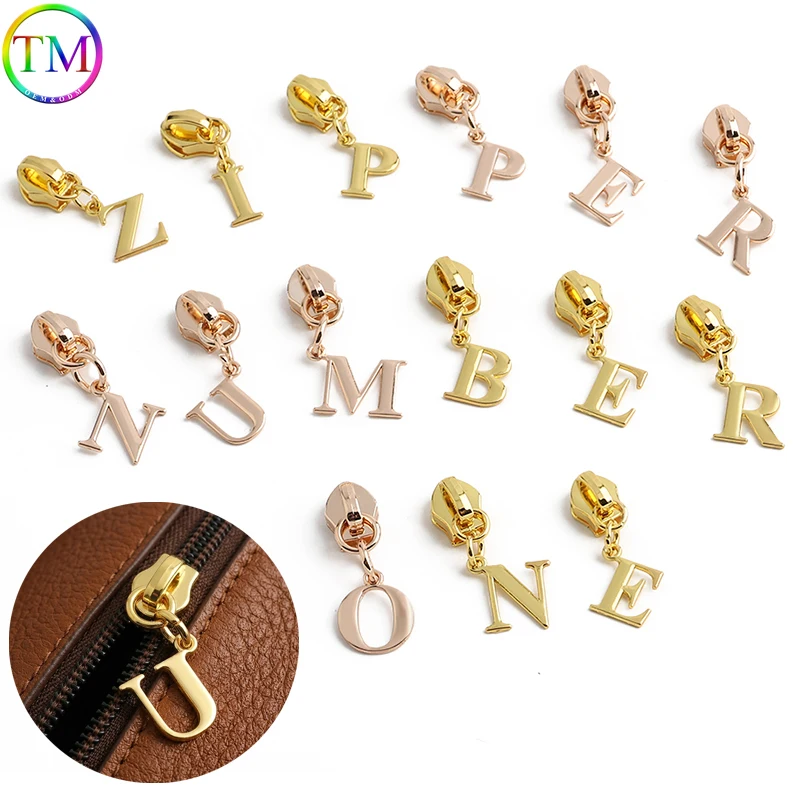 

20/60PCS Gold Plated Custom Initial 5# Zipper Puller K Gold Alphabet Letter A-Z Metal Zipper Slider DIY Bag Accessories