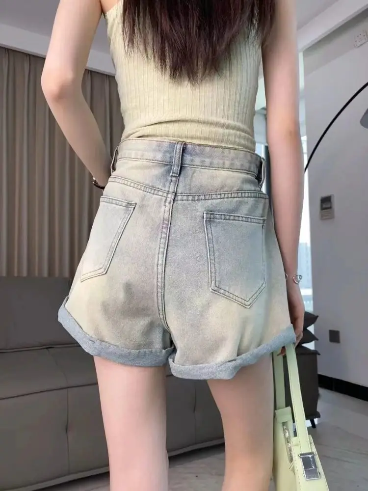 American Retro Jeans Shorts For Women In Summer Thin High Waist And Crimping Edge A-Line Wide-Leg Hot Pants
