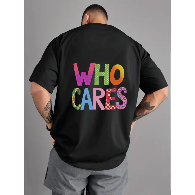 Mens T-Shirt Black Who Cares Rainbow Pattern Text High Quality Cotton 180g Plus Size Casual Wear Party Outfit