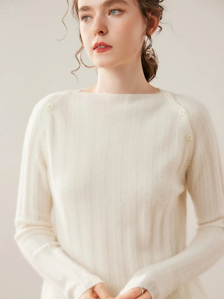 Women's 100% Cashmere Sweater Pullover Shoulder Button Wide Ribbed Autumn Winter Clothing Korean Base Inside Join Knitwear Tops