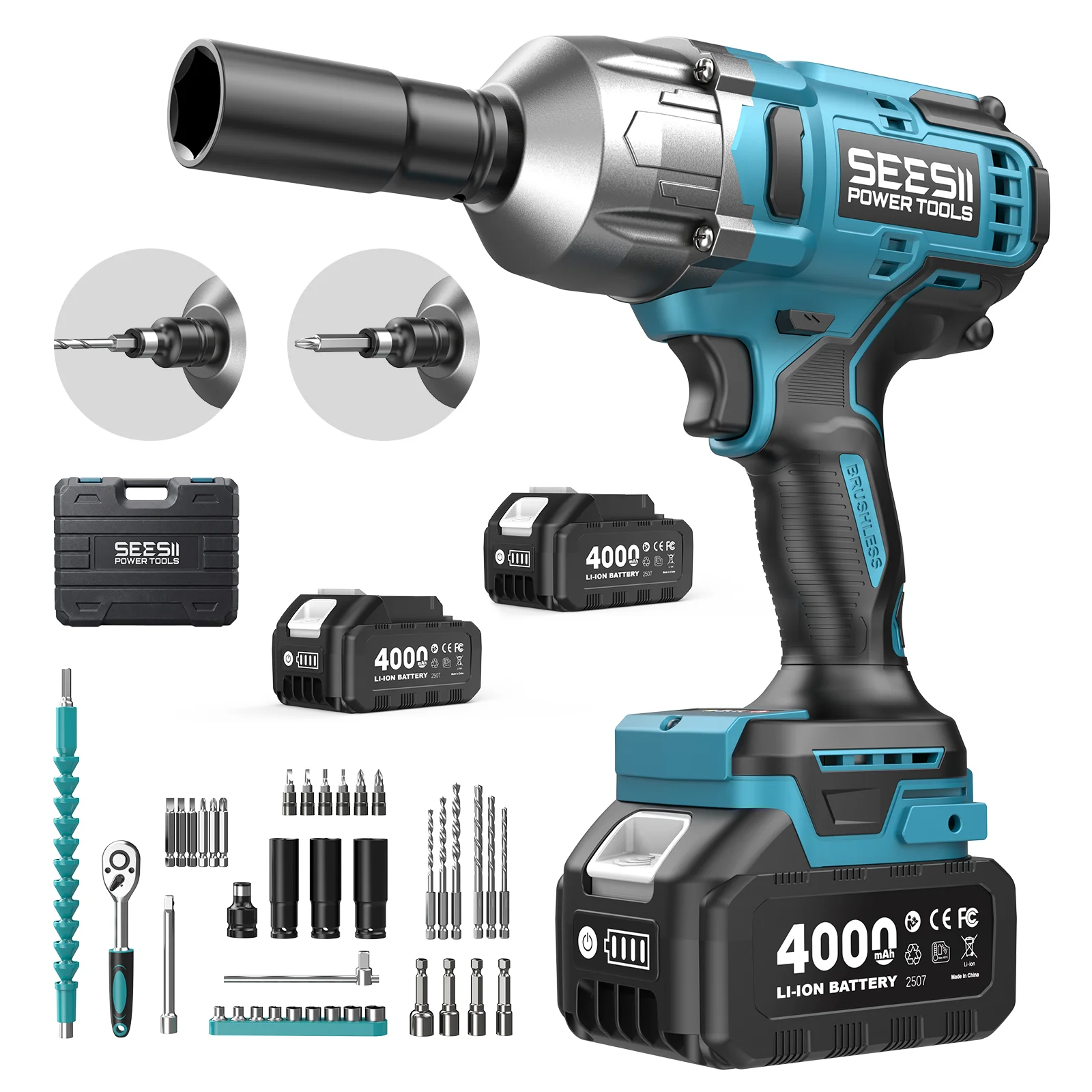 SEESII WH860 1300N.m 3-in-1 Impact Wrench & Cordless Drill & Screwdriver 1/2 Inch Brushless Motor Cordless Electric Impact Gun Kit Repair Tools With 4000mah Battery LED Light For Car Truck Home DIY