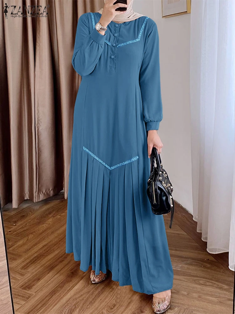

ZANZEA Muslim Fashion Sequins Patchwork Maxi Dresses Pleated Hem Woman Long Sleeve Hijab O-Neck Abaya Robes Modest Loose Dress